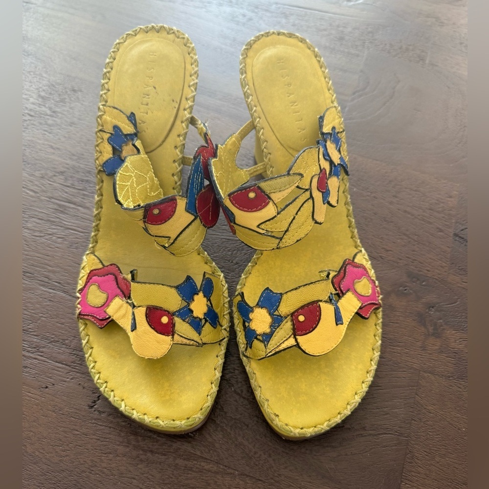 HISPANITAS Yellow and Blue Artisanal LEATHER Sandals with Floral Embellishments